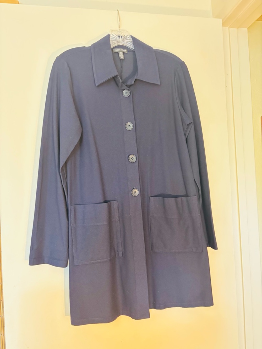 Eileen Fisher Navy Button-Front Crepe Coat